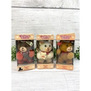 Vintage Jasco Christmas Teddies Flocked Bear Ornaments Set of Three